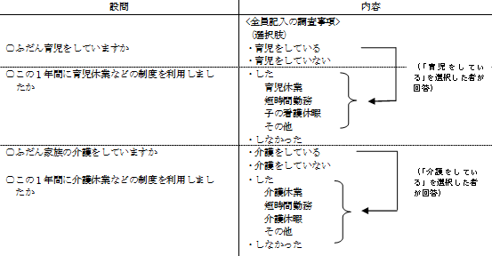 表3 育児・介護の状況に係る新設調査事項の内容 表3 育児・介護の状況に係る新設調査事項の内容
