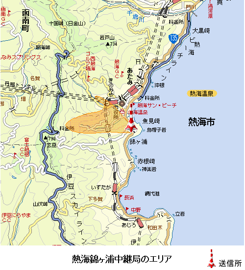 熱海錦ヶ浦中継局のエリア図:放送区域は熱海市の一部