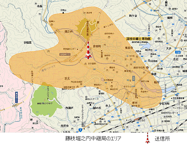 藤枝堀之内中継局のエリア図：放送区域は藤枝市の一部