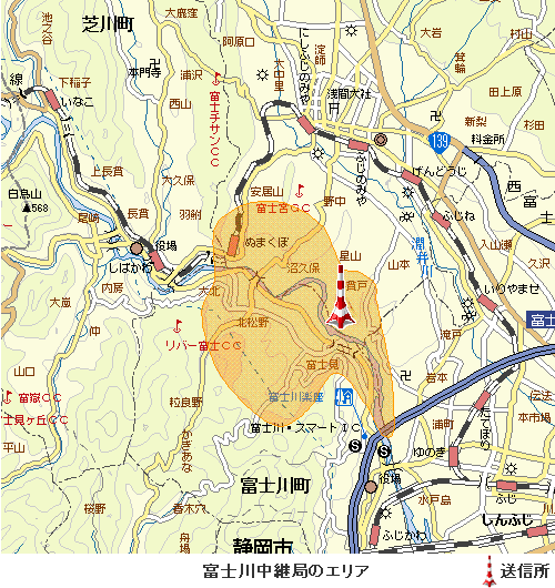 富士川中継局エリア図:放送区域は、富士川町及び富士宮市の一部