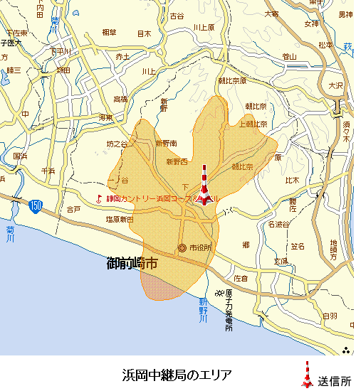 浜岡中継局のエリア図:放送区域は御前崎市の一部