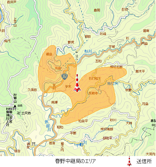 春野中継局のエリア図放送区域は浜松市の一部