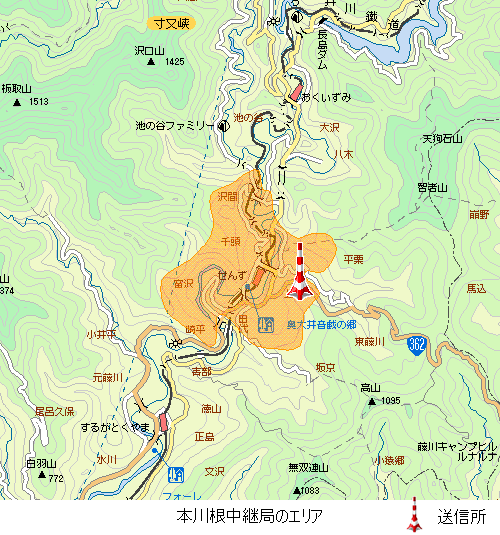 本川根中継局のエリア図:放送区域は川根本町の一部