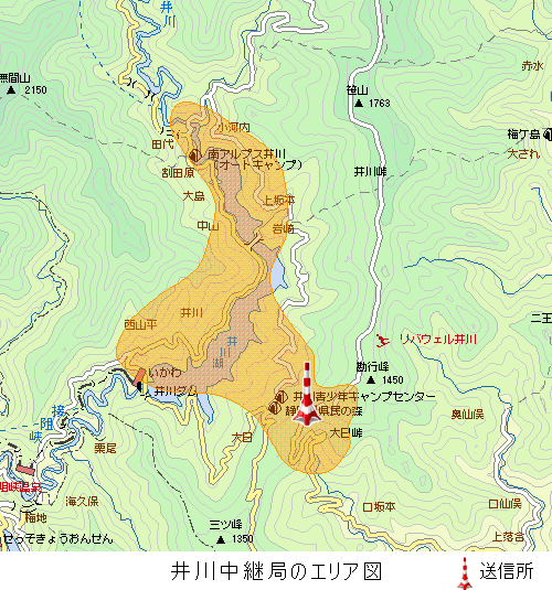 井川中継局のエリア図:放送区域は静岡市の一部