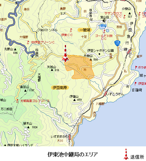 伊東池中継局のエリア図:放送区域は伊東市の一部
