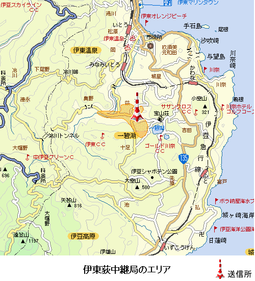 伊東荻中継局のエリア図:放送区域は伊東市の一部