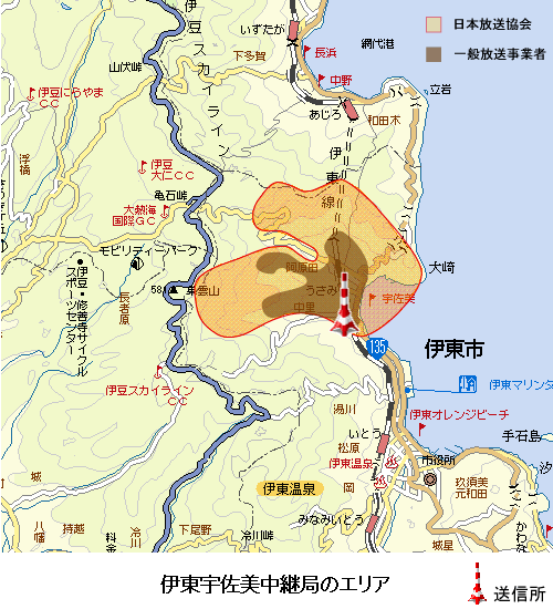 伊東宇佐美中継局のエリア図:放送区域は伊東市の一部