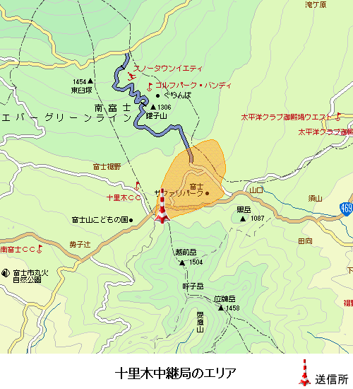 十里木中継局のエリア図:放送区域は裾野市の一部