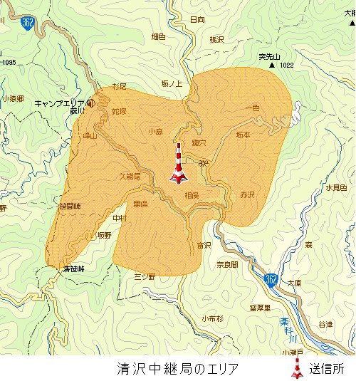 清沢中継局エリア図：放送区域は静岡市の一部