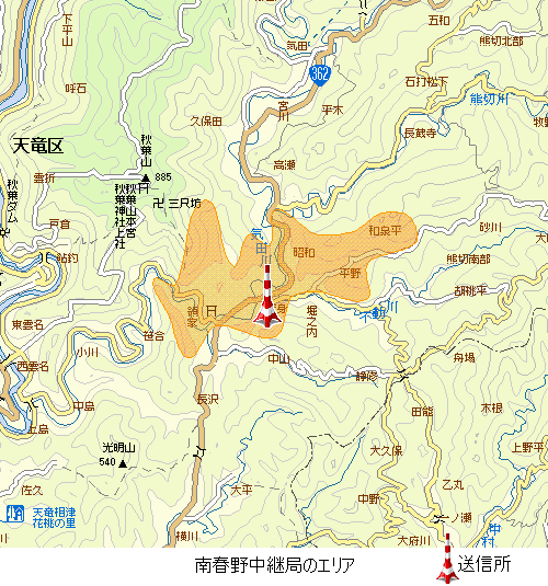 南春野中継局のエリア図:放送区域は浜松市の一部