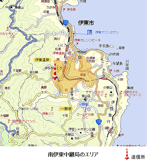 南伊東中継局のエリア図:放送区域は伊東市の一部