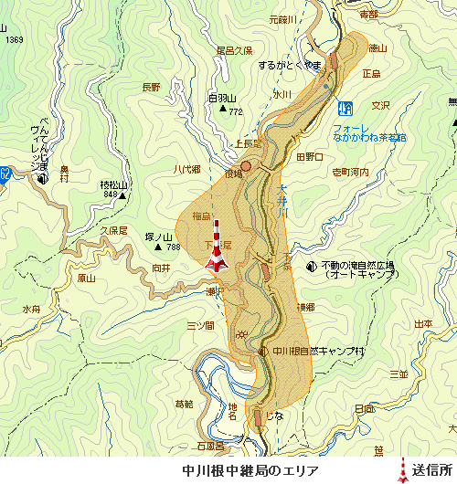 中川根中継局エリア図:放送区域は、川根本町の一部