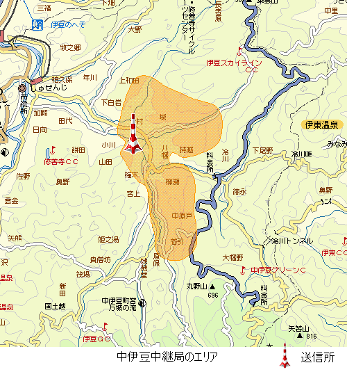 中伊豆中継局エリア図:放送区域は、伊豆市の一部