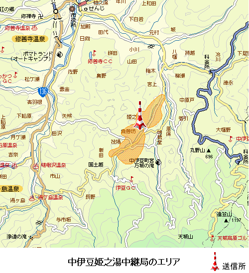 中伊豆姫之湯中継局のエリア図:放送区域は伊豆市の一部