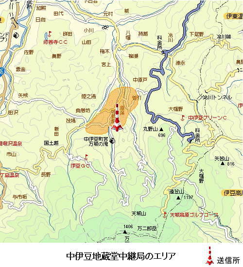 中伊豆地蔵堂中継局のエリア図:放送区域は伊豆市の一部