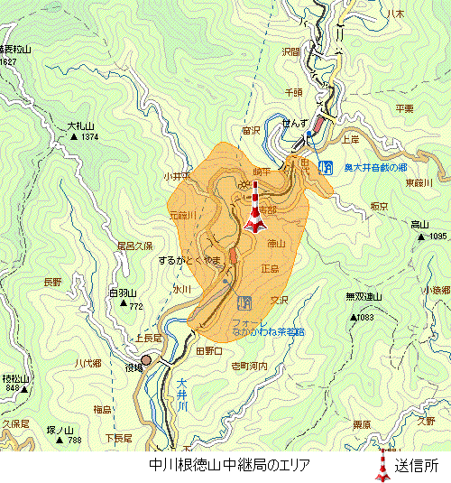 中川根徳山中継局のエリア図:放送区域は川根本町の一部