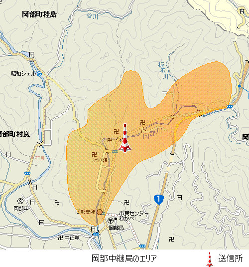 岡部中継局のエリア図放送区域は藤枝市の一部