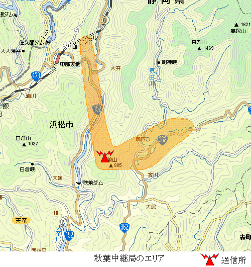 秋葉中継局エリア図:放送区域は、浜松市天竜区の一部
