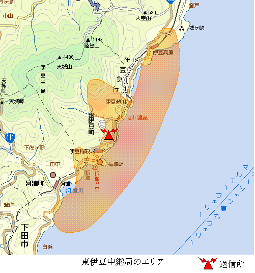 東伊豆中継局エリア図:放送区域は、伊東市、東伊豆町及び河津町の各一部