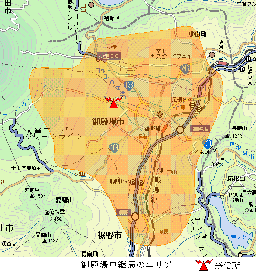 東伊豆中継局エリア図:放送区域は、御殿場市全域、裾野市・駿東郡・小山町の各一部