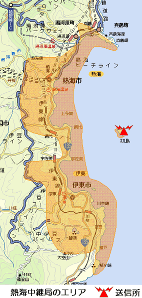 熱海中継局エリア図:放送区域は、熱海市及び伊東市の各一部
