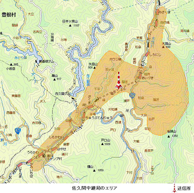 佐久間中継局エリア図:放送区域は、浜松市天竜区の一部