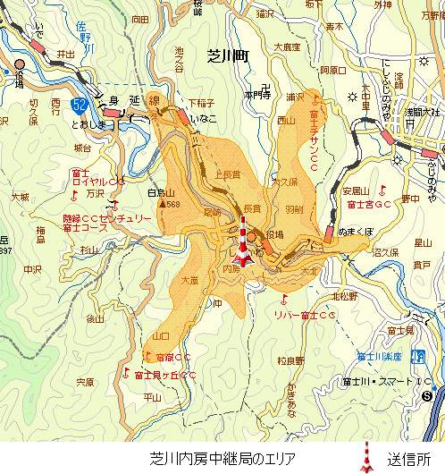 芝川内房中継局のエリア図:放送区域は芝川町及び富士宮市の各一部