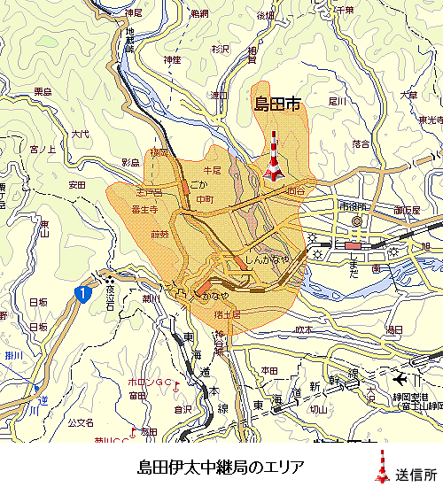 島田伊太中継局のエリア図:放送区域は島田市の一部