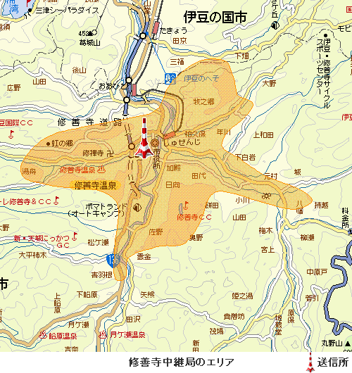 修善寺中継局エリア図:放送区域は、伊豆市の一部