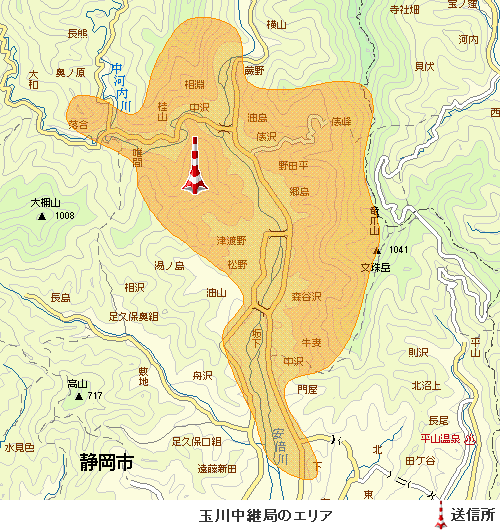 玉川中継局エリア図：放送区域は、静岡市葵区の一部 