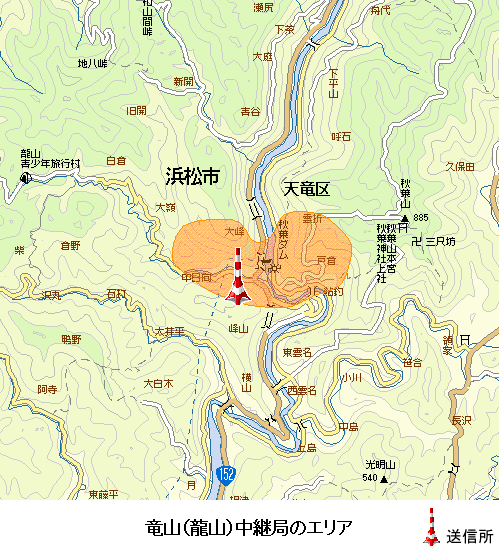 竜山(龍山)中継局のエリア図:放送区域は浜松市天竜区の一部