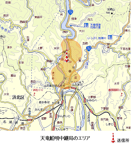 天竜船明中継局のエリア図:放送区域は浜松市天竜区の一部