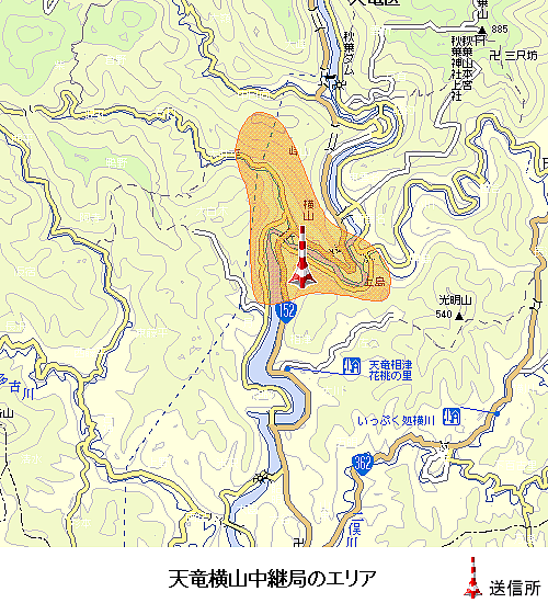 天竜横山中継局のエリア図:放送区域は浜松市の一部