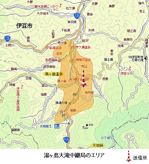 湯ヶ島大滝中継局のエリア図:放送区域は伊豆市の一部