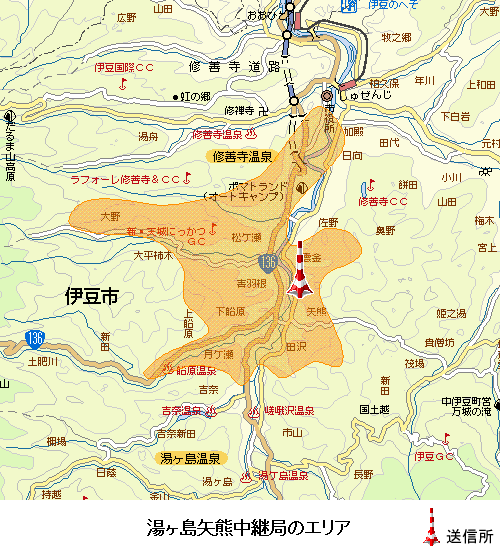 湯ヶ島矢熊中継局のエリア図:放送区域は伊豆市の一部