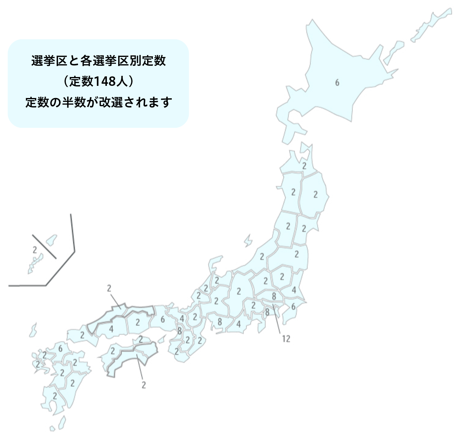 選挙区と各選挙区別定数（定数148人）の図