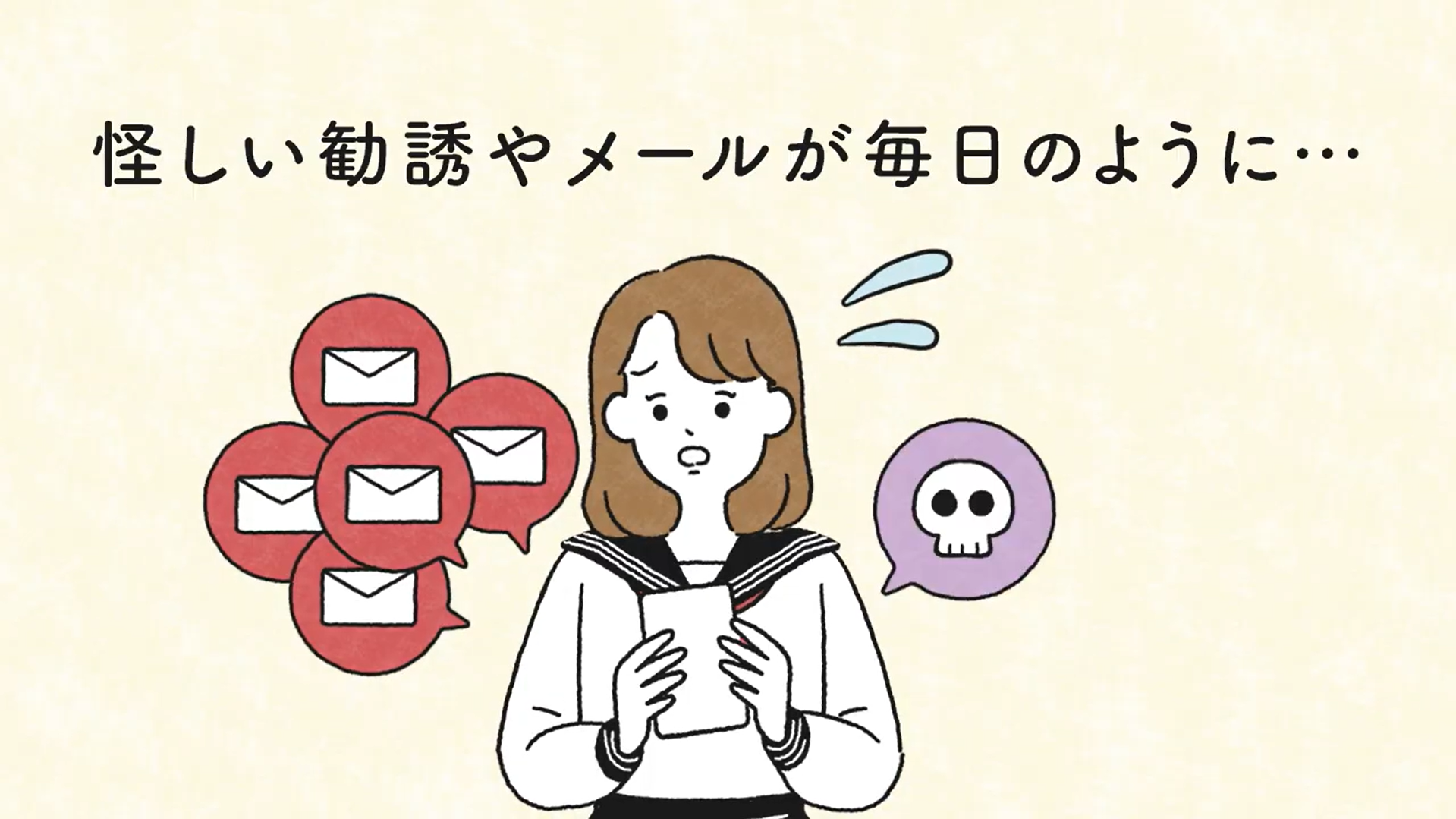 動画教材の1シーン 怪しいメールが毎日のように... というテキストが上に、下に毎日勧誘や大量のメールが届いて困っている女性