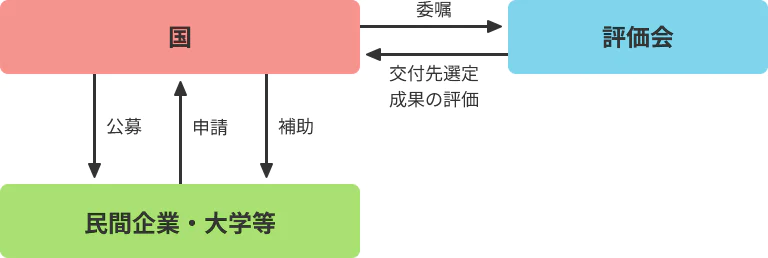 助成金制度は国が公募を行い、民間企業等が申請、その後、国から委嘱されている評価会により交付先を選定し、国が助成をする。また評価会による成果の評価も行われる。