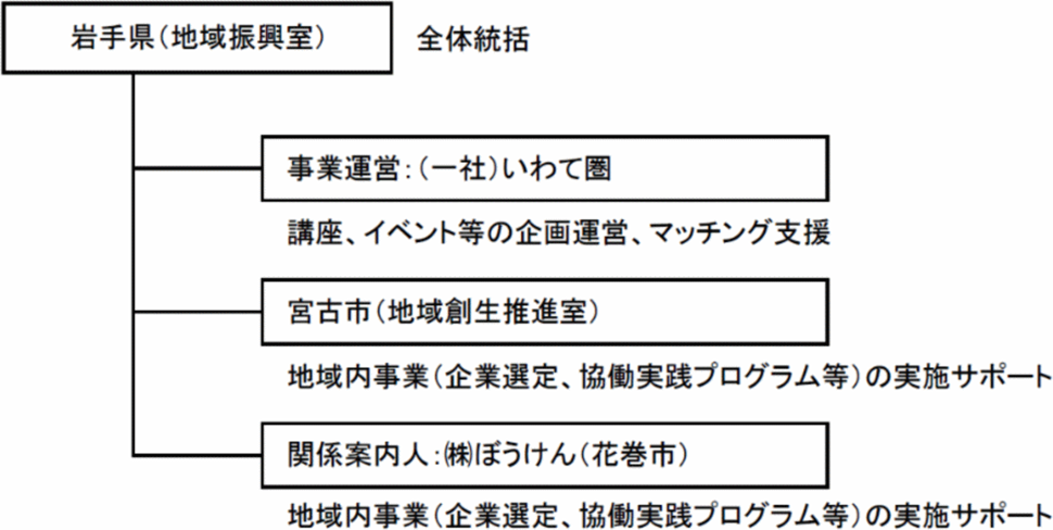 実施体制図。岩手県庁地域振興室がとりまとめつつ、一般社団法人いわて圏、宮古市、株式会社ぼうけんの３団体が関わっている。