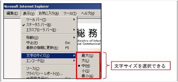 ウェブブラウザによる文字サイズの変更操作の例