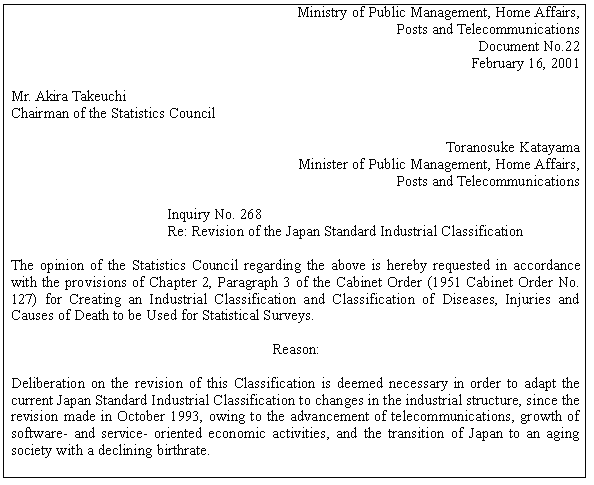 (1) Inquiry to the Statistics Council Regarding the Revision of the Japan Standard Industrial Classification 