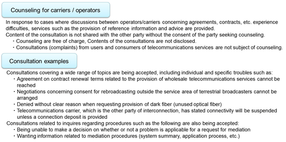 Counseling for carriers / operators
In response to cases where discussions between operators/carriers concerning agreements, contracts, etc. experience difficulties, services such as the provision of reference information and advice are provided.
Content of the consultation is not shared with the other party without the consent of the party seeking counseling.
 Counseling are free of charge, Contents of the consultations are not disclosed.
 Consultations (complaints) from users and consumers of telecommunications services are not subject of counseling
Consultation examples
Consultations covering a wide range of topics are being accepted, including individual and specific troubles such as:
 Agreement on contract renewal terms related to the provision of wholesale telecommunications services cannot be reached
 Negotiations concerning consent for rebroadcasting outside the service area of terrestrial broadcasters cannot be arranged
 Denied without clear reason when requesting provision of dark fiber (unused optical fiber)
 Telecommunications carrier, which is the other party of interconnection, has stated connectivity will be suspended unless a connection deposit is provided
Consultations related to inquires regarding procedures such as the following are also being accepted: 
 Being unable to make a decision on whether or not a problem is applicable for a request for mediation 
 Wanting information related to mediation procedures (system summary, application process, etc.)