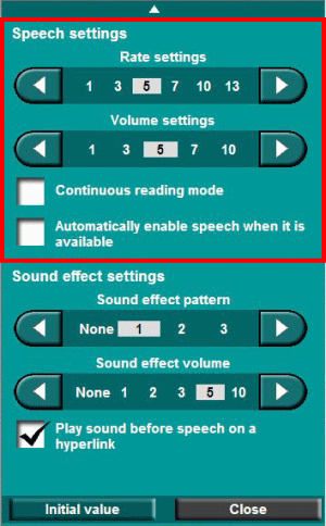 Speech settings(Speech) panel