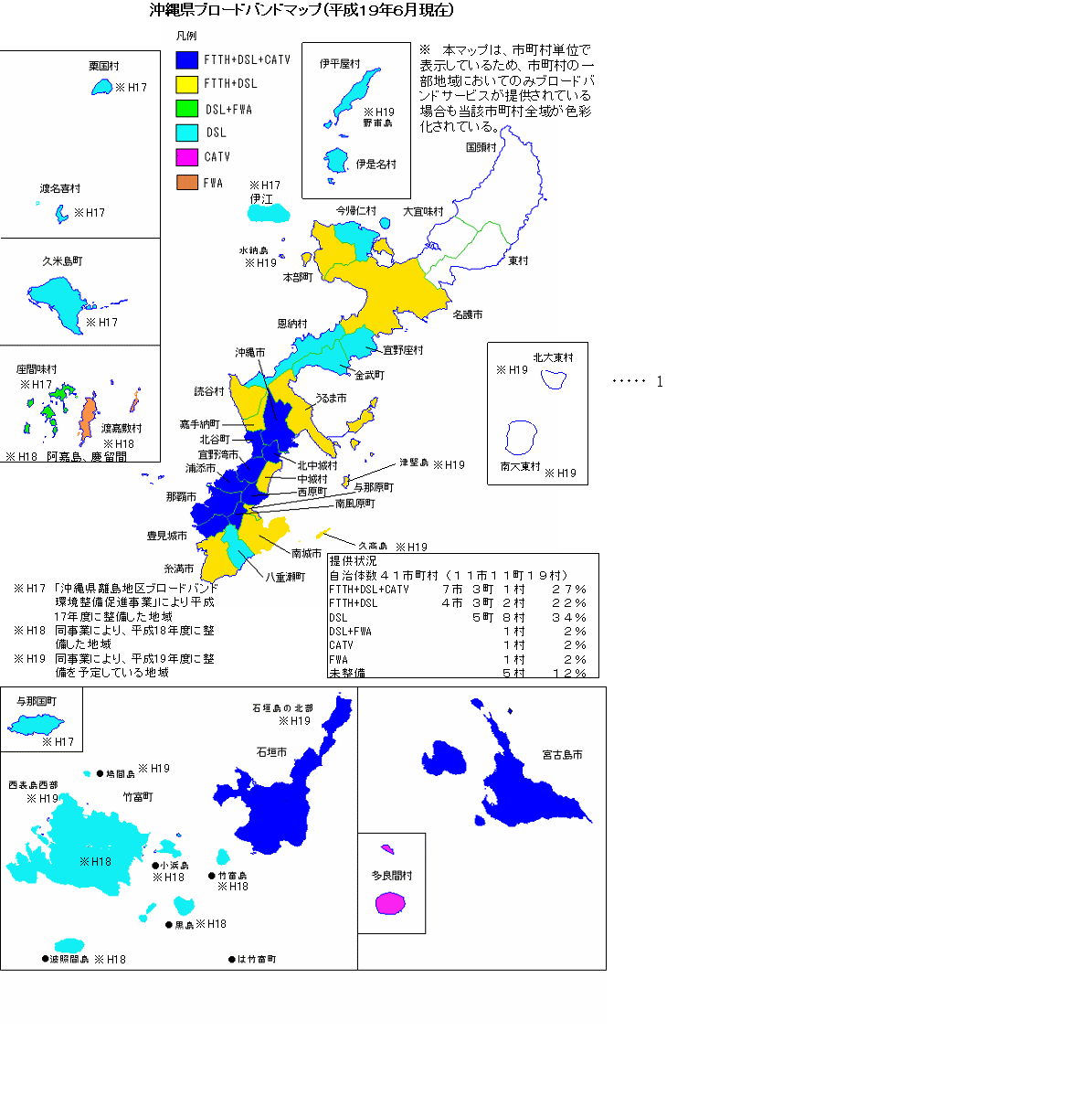 沖縄県ブロードバンドマップ(平成19年6月現在)のイメージ図