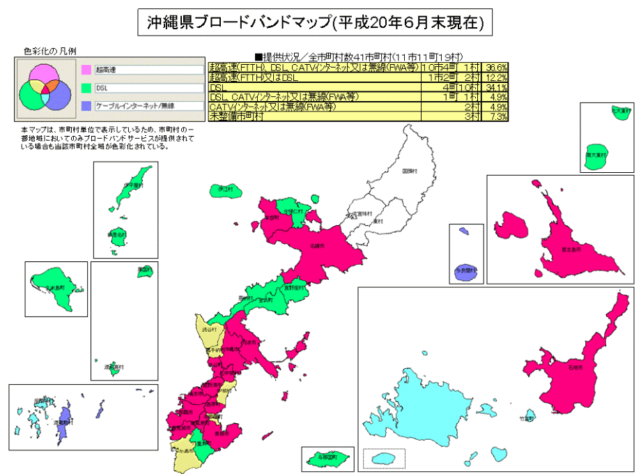 沖縄県ブロードバンドマップ(平成20年6月末現在)のイメージ図