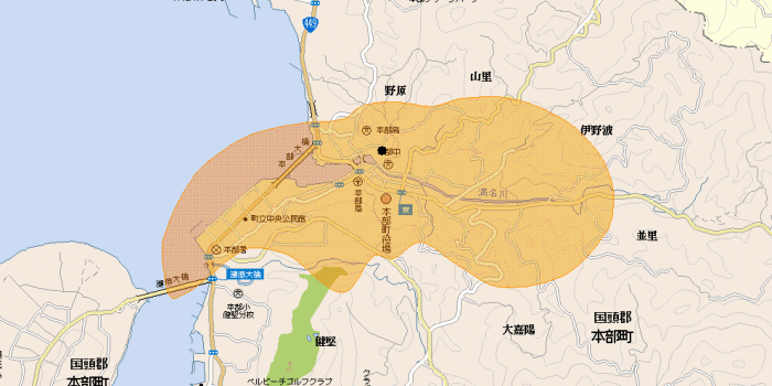 本部中継局の地上デジタルテレビ放送のエリア図