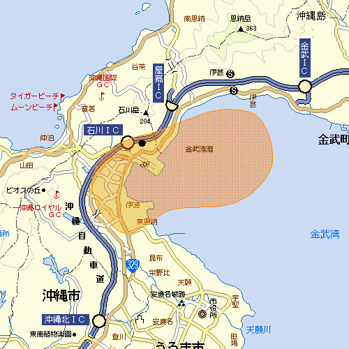 沖縄石川中継局の地上デジタルテレビ放送のエリア図