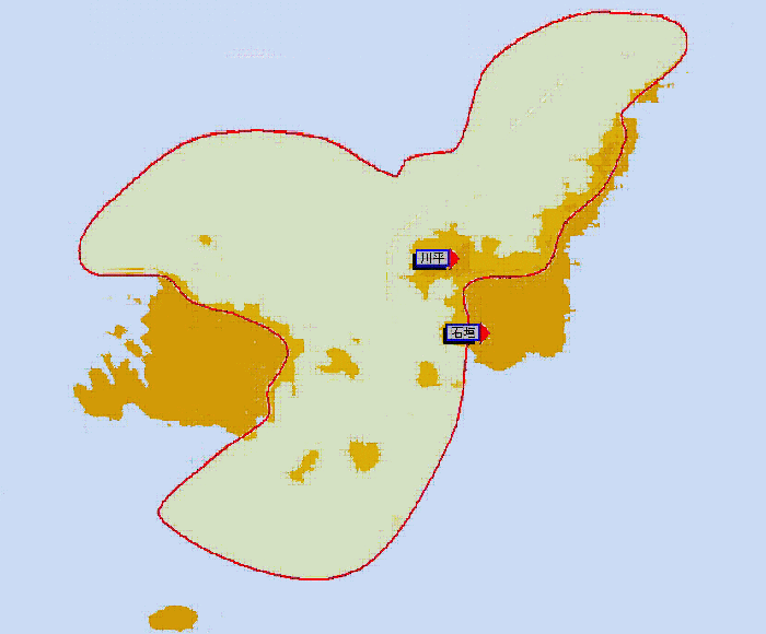 川平中継局の地上デジタルテレビ放送のエリア図