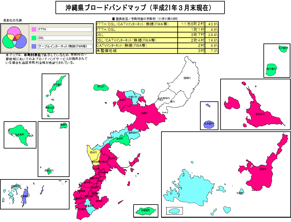沖縄県ブロードバンドマップ(平成21年3月末現在)のイメージ図
