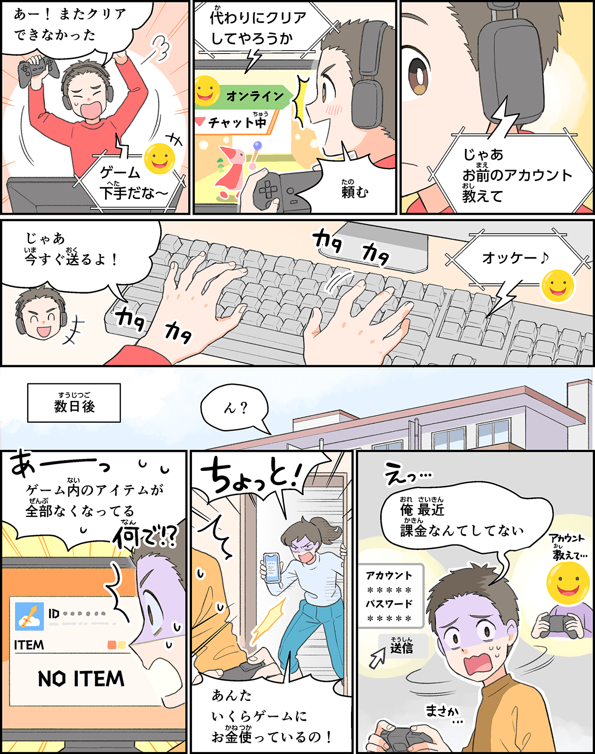 事例５。ゲームチャット仲間とゲームをしていたところ、自分だけがクリアできなかったので、自分の代わりにクリアしてもらうために、仲間にアカウントなどの情報を教えたところ、数日後に、お母さんから、ゲームの課金額がとんでもない高額になっていると、叱られてしまったシーン。